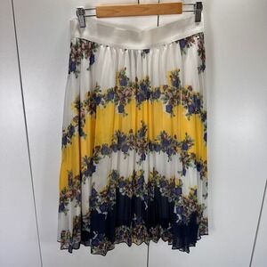 Pleated Midi‎ Skirt Floral Print XL White Yellow Navy Romantic Chic
